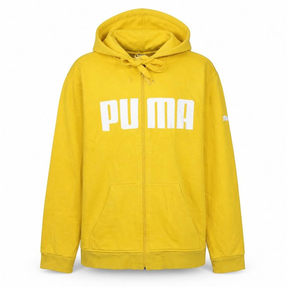 Front view of Puma Men's Yellow Full Zip Hoodie S Sports Logo Sweatshirt