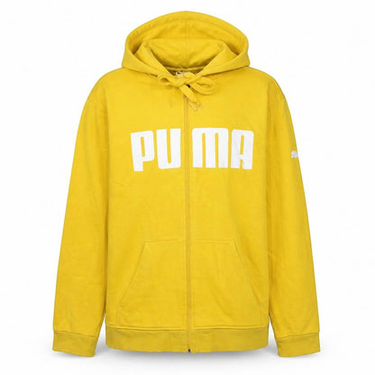 Front view of Puma Men's Yellow Full Zip Hoodie S Sports Logo Sweatshirt