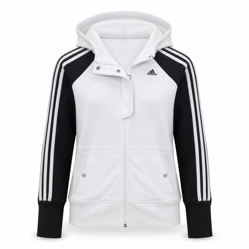 Front view of Adidas women’s white full zip hoodie, size UK 12, raglan sleeve sportswear