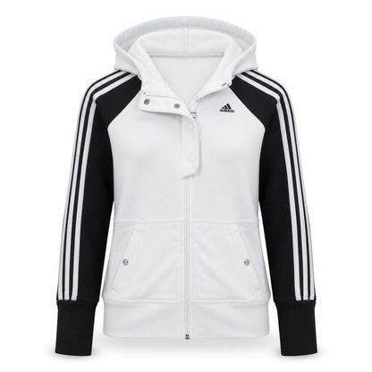 Front view of Adidas women’s white full zip hoodie, size UK 12, raglan sleeve sportswear