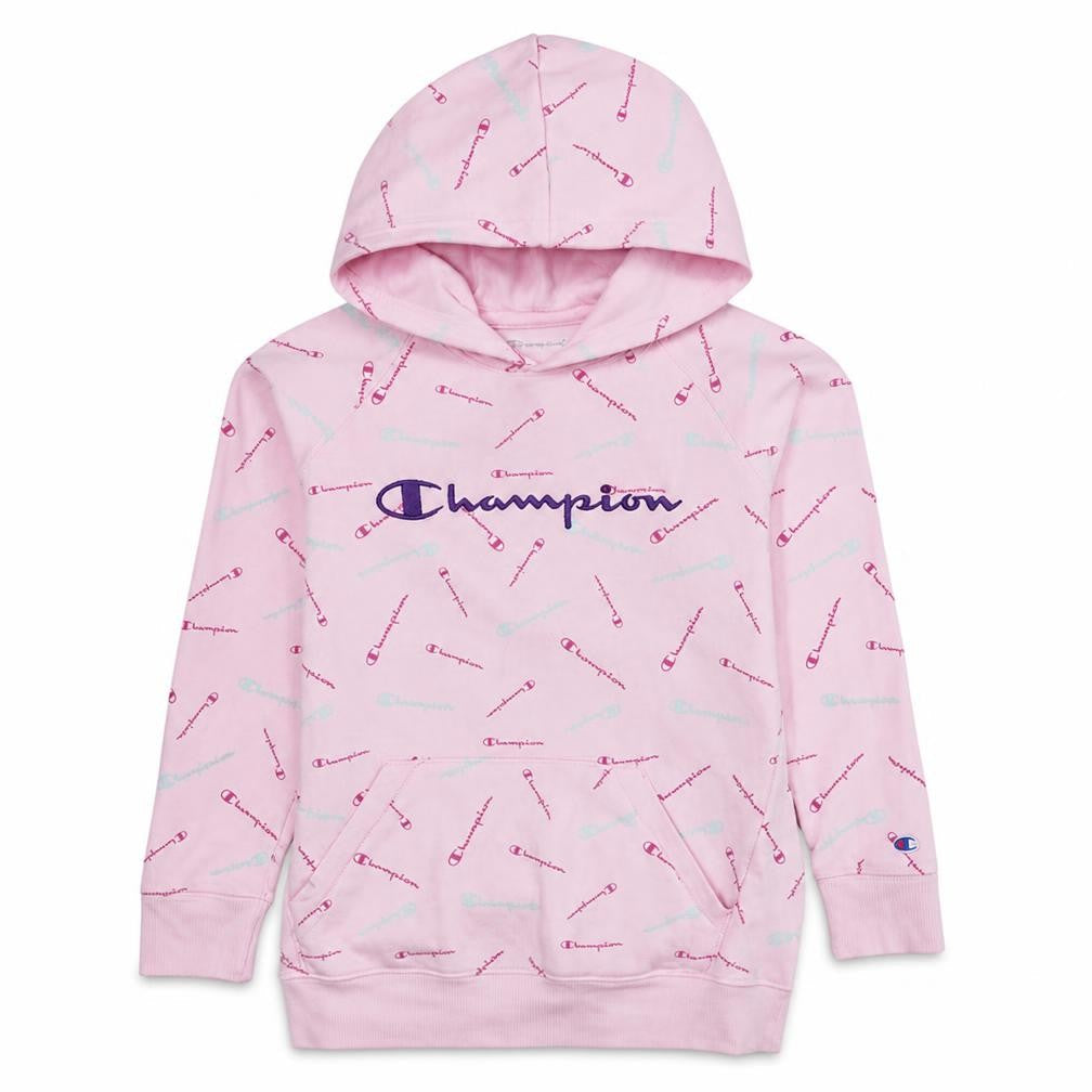 Front view of Champion girls’ pink pullover hoodie l graphic print cotton blend