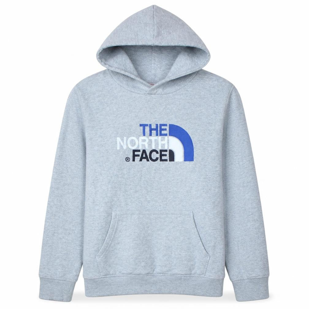 Front view of The North Face boys’ grey xl pullover hoodie fleece lined logo sweatshirt