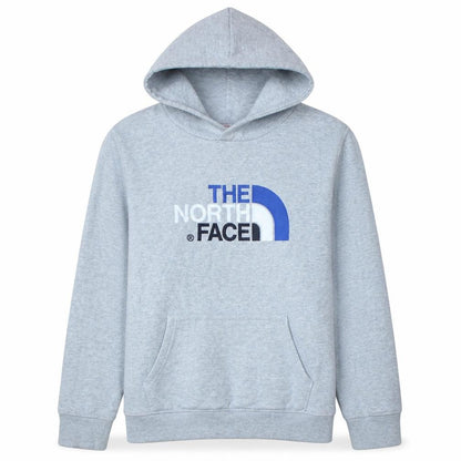 Front view of The North Face boys’ grey xl pullover hoodie fleece lined logo sweatshirt