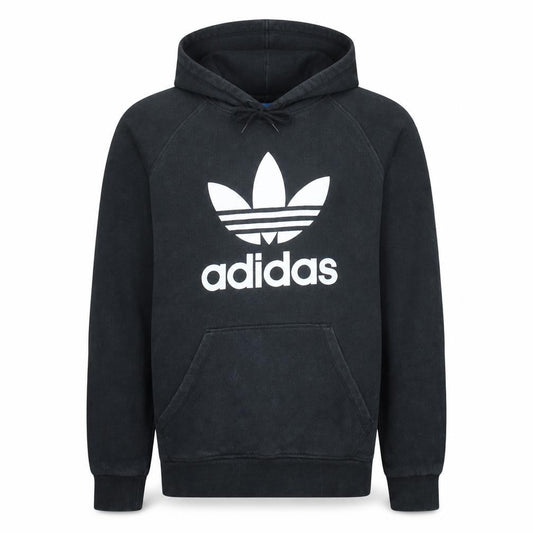 Front view of Adidas Men's Black Pullover Hoodie, size M, Regular Fit Fleece Logo Sweatshirt