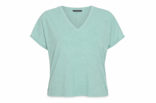 Front view of Dunnes women’s green v-neck short sleeve basic stretch t-shirt, size UK 12