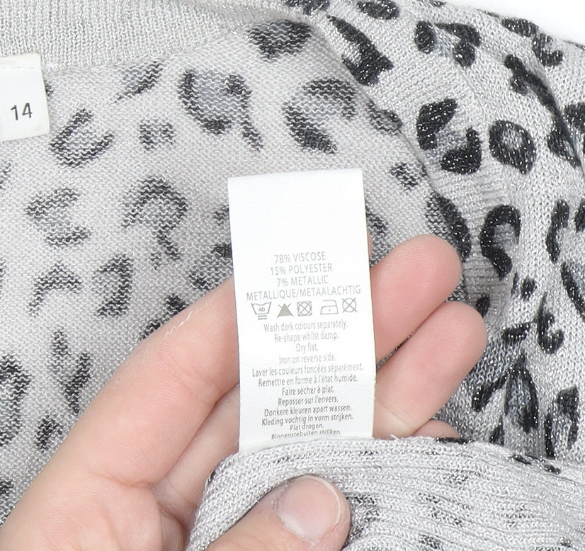 New Look Women’s Grey Leopard Print Short Sleeve V-Neck Cardigan Size 14