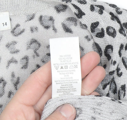 New Look Women’s Grey Leopard Print Short Sleeve V-Neck Cardigan Size 14