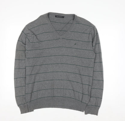 French Connection Men's Grey Striped Cotton V-Neck Jumper L