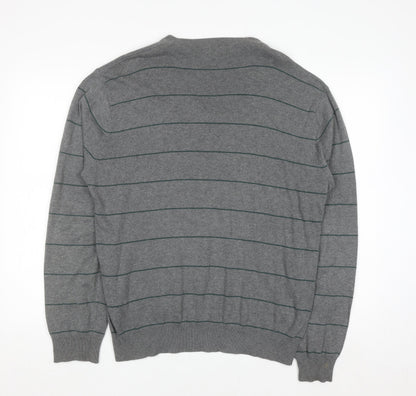 French Connection Men's Grey Striped Cotton V-Neck Jumper L