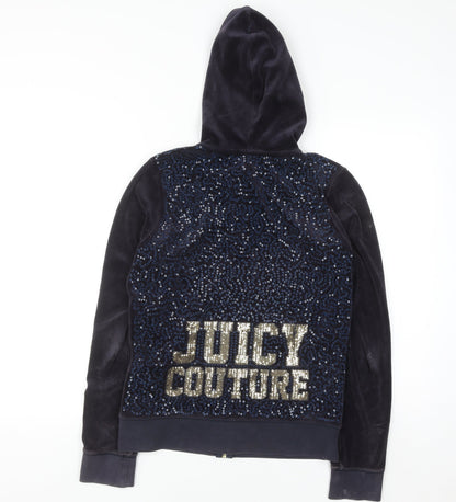 Juicy Couture Women's Navy Velour Full Zip Hoodie M Sequin Logo