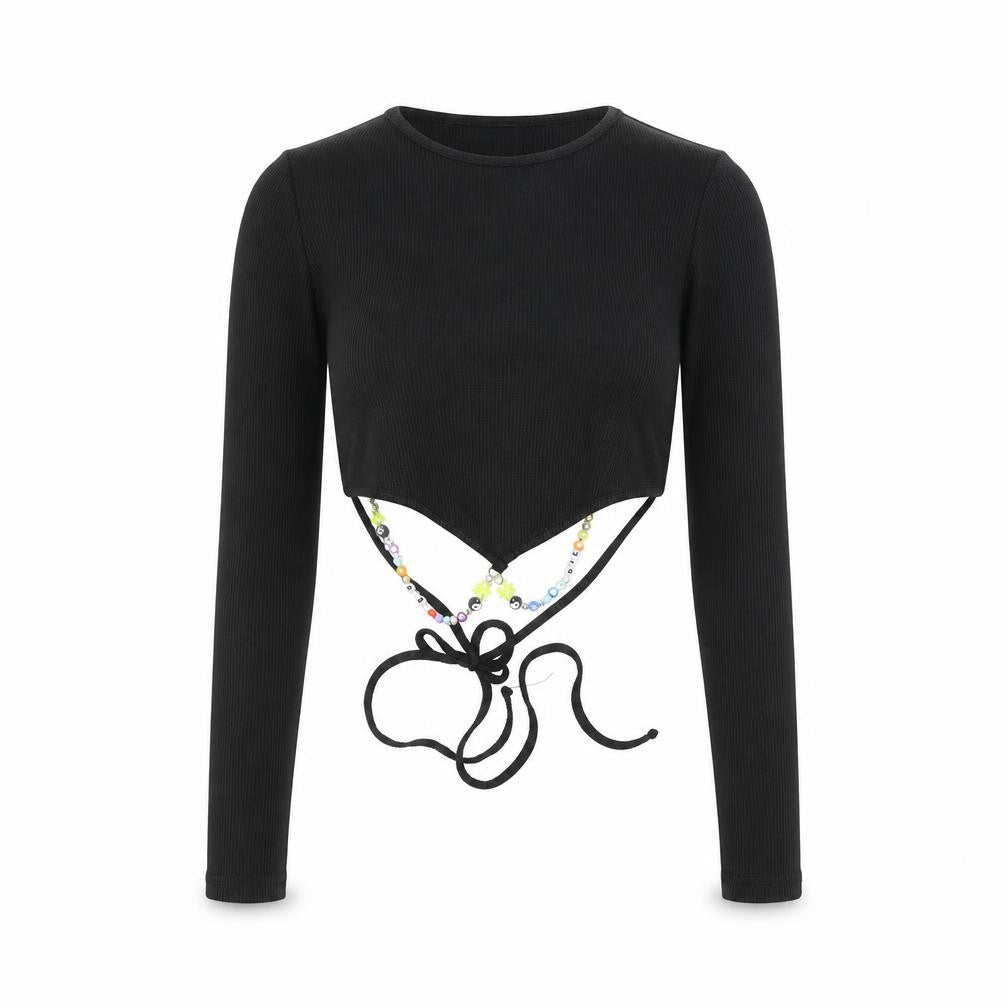 Bershka Women’s Black Cropped Long Sleeve Slim Fit Beaded Tie T-Shirt S
