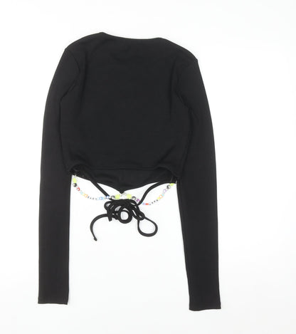 Bershka Women’s Black Cropped Long Sleeve Slim Fit Beaded Tie T-Shirt S
