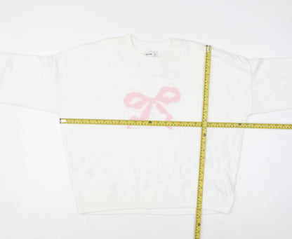 Hollister Women White L Knit Bow Pullover Jumper Cotton Blend