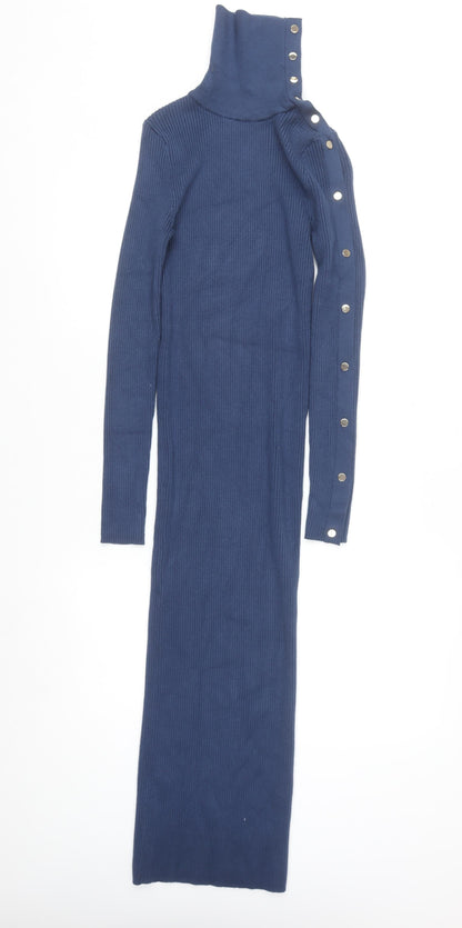 Zara Women Blue Long Bodycon Knit Dress Size 8 High Neck