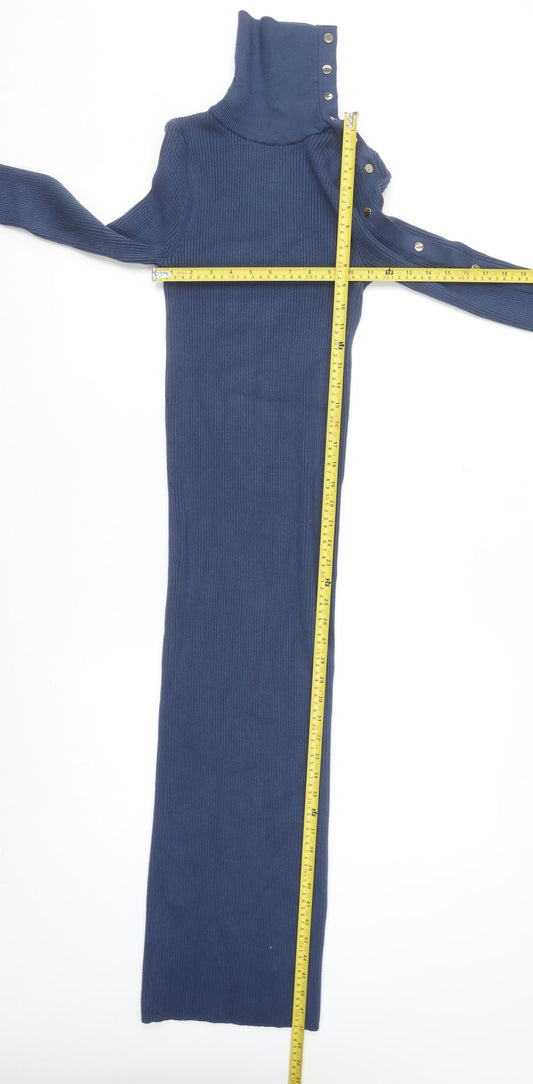 Zara Women Blue Long Bodycon Knit Dress Size 8 High Neck