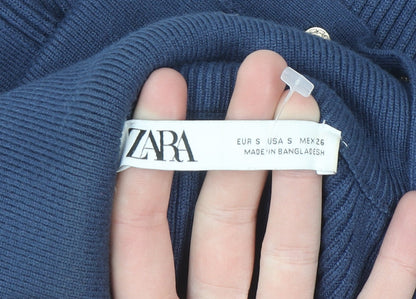 Zara Women Blue Long Bodycon Knit Dress Size 8 High Neck