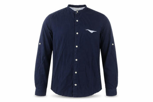 Front view of Pull&Bear Men's Blue 36 Woven Cotton-Linen Button-Up Shirt