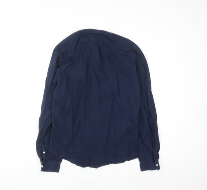 Pull&Bear Men's Blue 36 Woven Cotton-Linen Button-Up Shirt