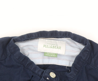 Pull&Bear Men's Blue 36 Woven Cotton-Linen Button-Up Shirt