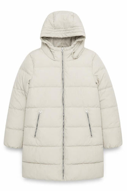 Front view of Only women’s beige xl puffer coat hooded long winter jacket
