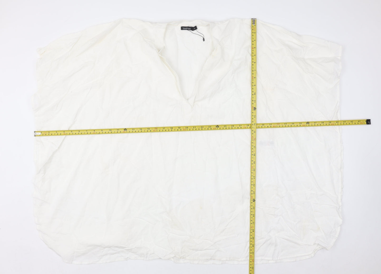 Boohoo Women White Tunic Blouse M V-Neck Relaxed Summer Top