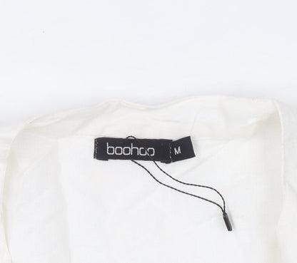 Boohoo Women White Tunic Blouse M V-Neck Relaxed Summer Top