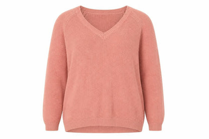 Meadows & Byrne Women Pink Cotton V-Neck Chunky Knit Jumper Size L