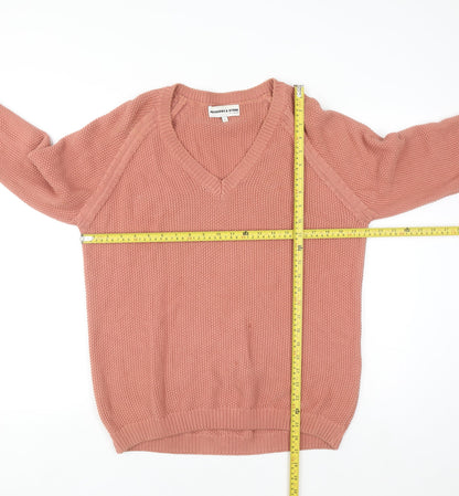 Meadows & Byrne Women Pink Cotton V-Neck Chunky Knit Jumper Size L