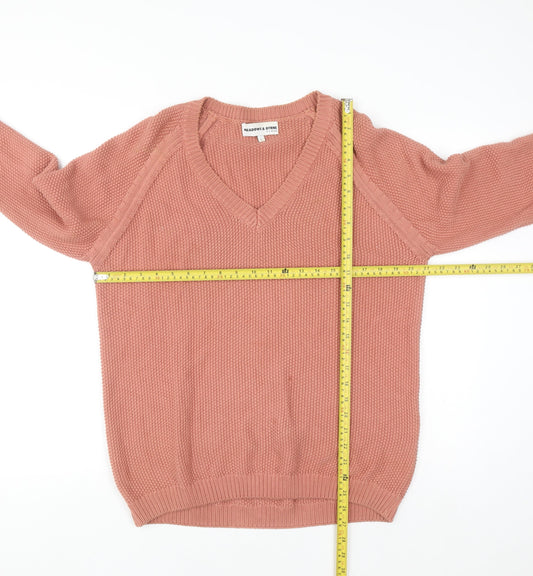 Meadows & Byrne Women Pink Cotton V-Neck Chunky Knit Jumper Size L