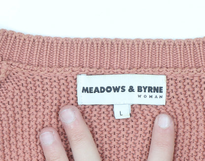 Meadows & Byrne Women Pink Cotton V-Neck Chunky Knit Jumper Size L