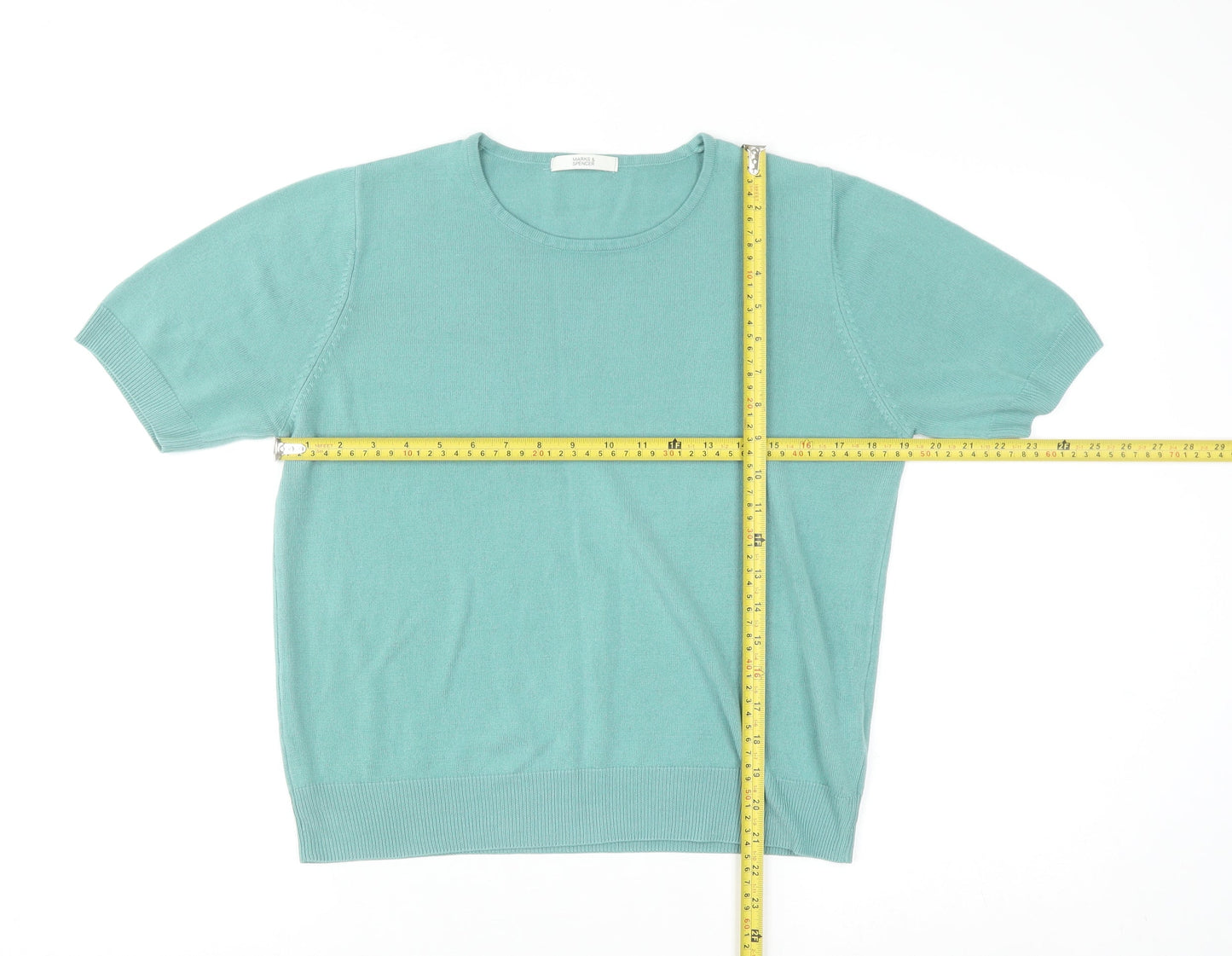 Marks and Spencer Women Green Size 16 Crew Neck Short Sleeve Pullover Jumper