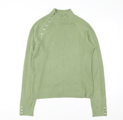 Chickadee Women’s Green Mock Neck Button Trim Knit Jumper Size S