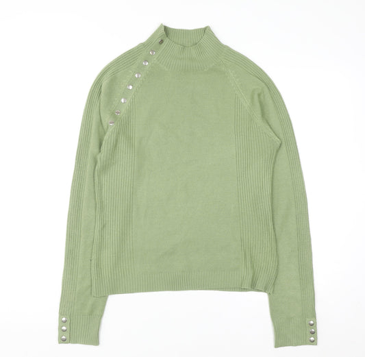 Chickadee Women’s Green Mock Neck Button Trim Knit Jumper Size S