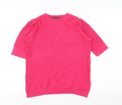 Marks and Spencer Women Pink Size 14 Puff Sleeve Knit Jumper