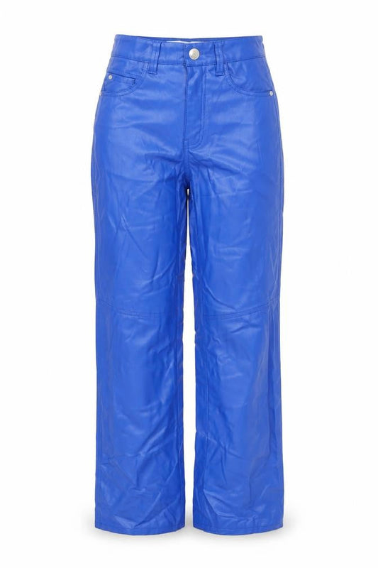 Bershka Women Blue Faux Leather Straight Leg Trousers XS