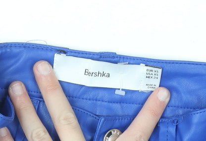 Bershka Women Blue Faux Leather Straight Leg Trousers XS