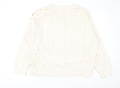 H&M Women Ivory Ribbed Pullover Sweatshirt Size L Cotton Blend