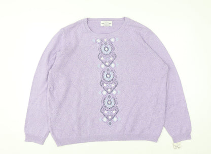 Alfred Dunner Womens Purple XL Crew Neck Embroidered Knit Jumper