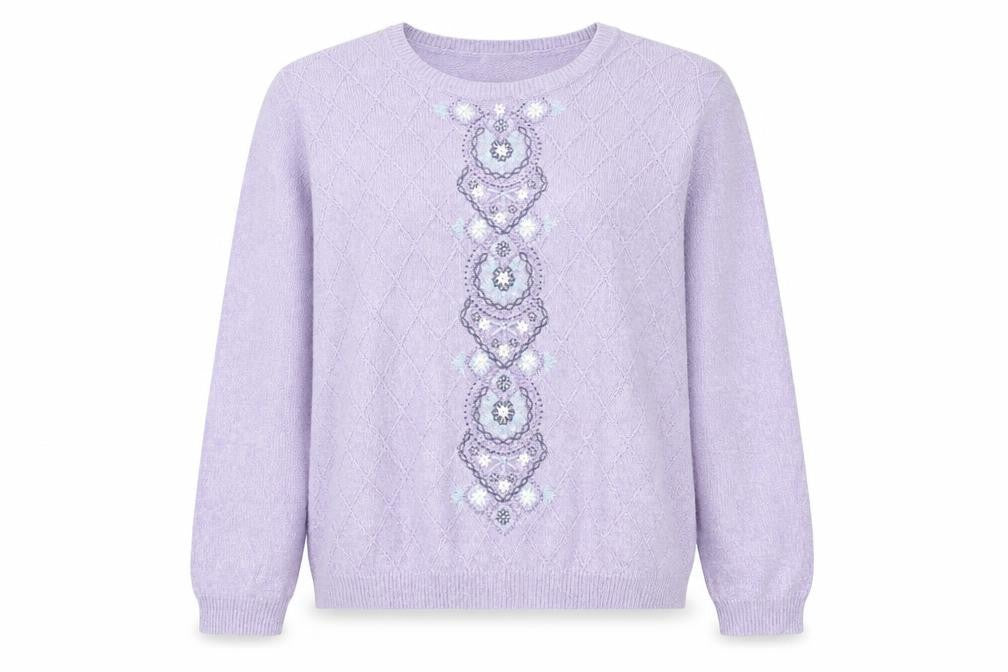 Alfred Dunner Womens Purple XL Crew Neck Embroidered Knit Jumper