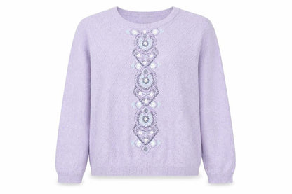 Alfred Dunner Womens Purple XL Crew Neck Embroidered Knit Jumper