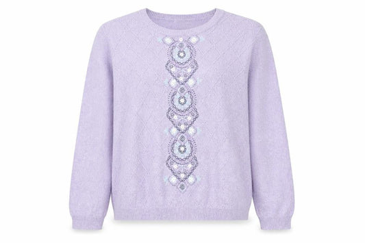 Alfred Dunner Womens Purple XL Crew Neck Embroidered Knit Jumper
