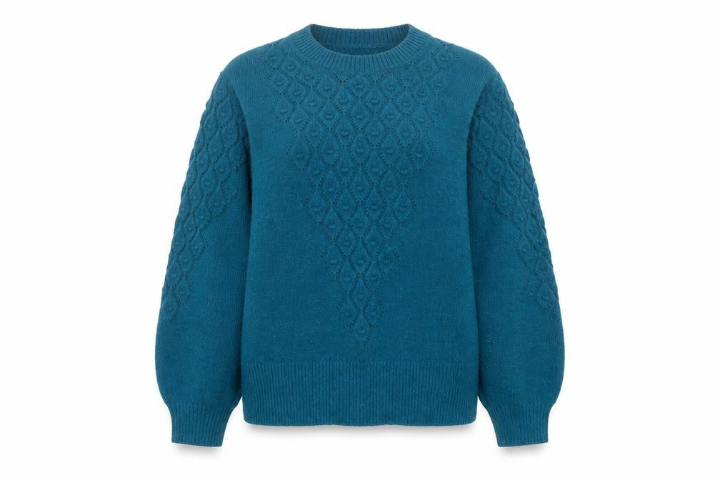 Front view of Gallery Women’s Teal Cable-Knit Crew Neck Jumper, size L