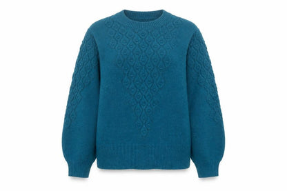 Front view of Gallery Women’s Teal Cable-Knit Crew Neck Jumper, size L