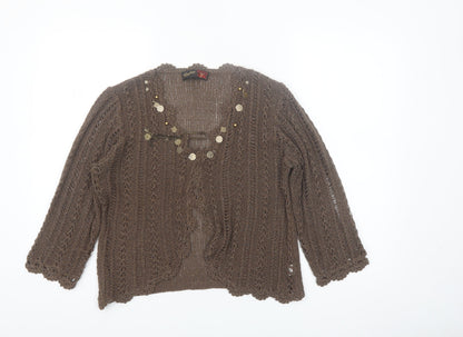 Stephon Women Brown L Open-Knit Beaded Cardigan Jumper