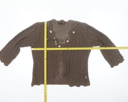 Stephon Women Brown L Open-Knit Beaded Cardigan Jumper