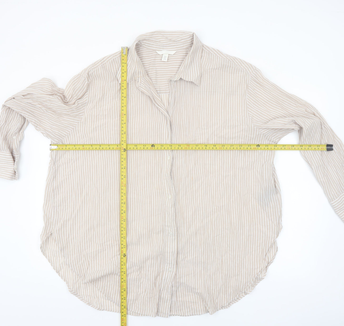 H&M Women's Beige Striped Cotton Button-Up Shirt Size L