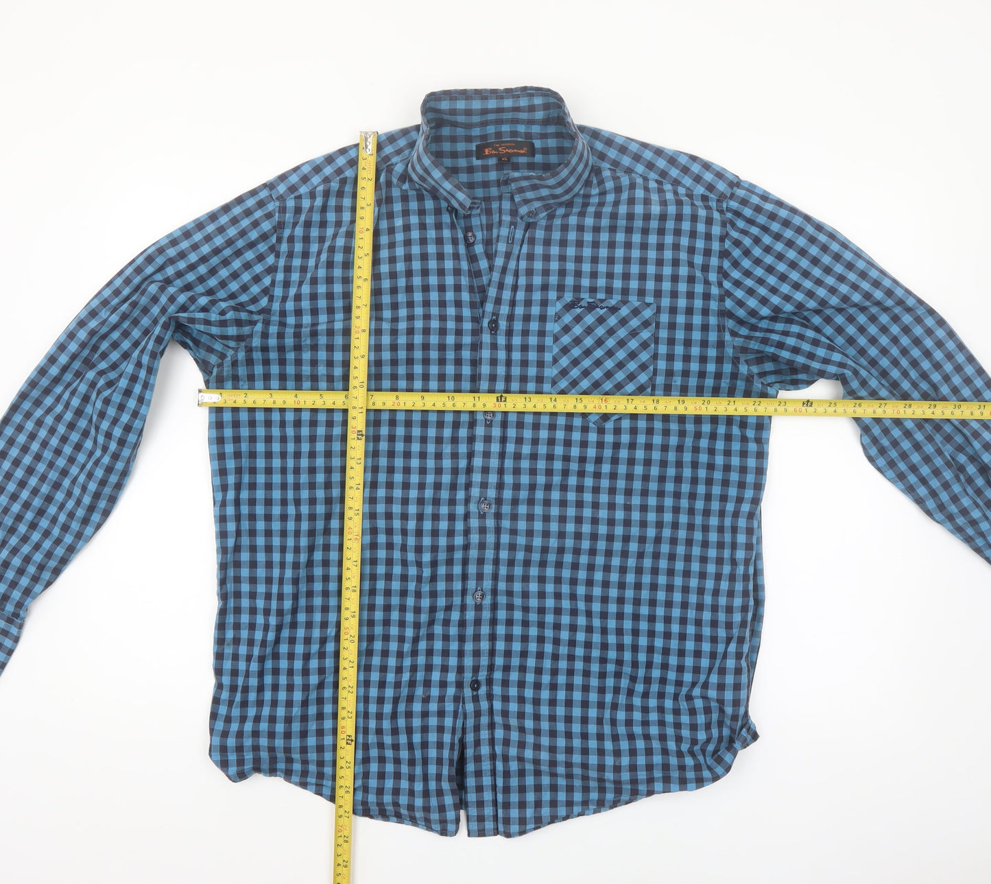 Ben Sherman Men's Blue Check Button-Up Long Sleeve Shirt XL
