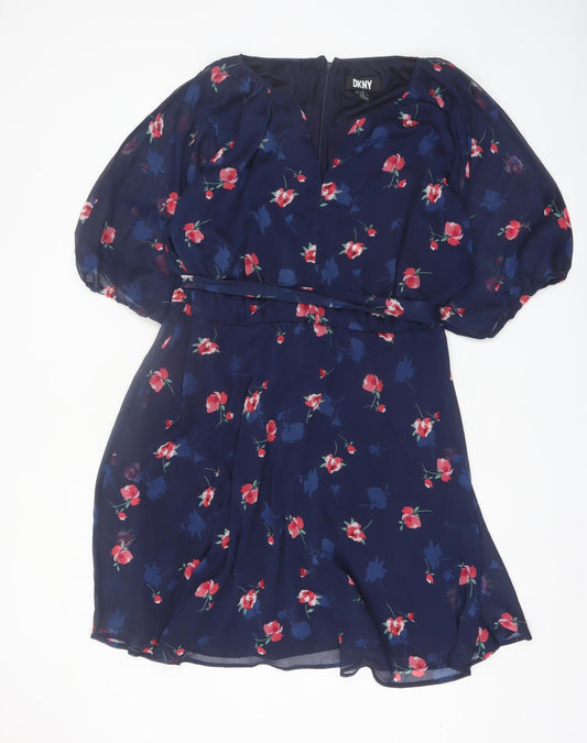 DKNY Women's Blue Floral Fit & Flare Knee Length Dress Size 22