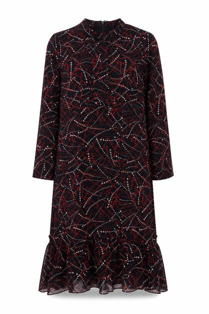 Whistles Women Black Red Geometric Midi Fit & Flare Long Sleeve Dress Size 10