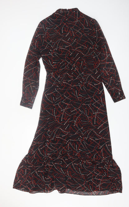 Whistles Women Black Red Geometric Midi Fit & Flare Long Sleeve Dress Size 10